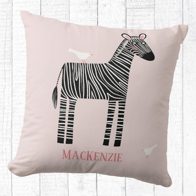 Almofada Zebra Cura Personalizada Rosa Esbranquiçada (Cute zebra personalized name blush pink throw pillow)