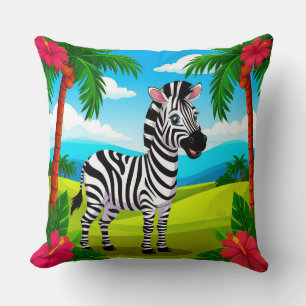 Almofada Zebra de desenho animado alegre em uma paisagem tr