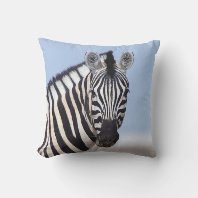Almofada Zebra olhando para você com uma foto azul do céu (Frente)