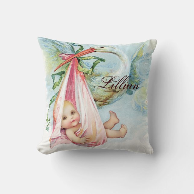 Almofadas de berçário para menina Stork rosa vinta (Frente)