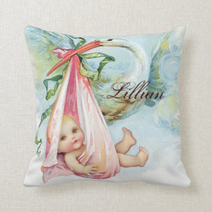 Almofadas de berçário para menina Stork rosa vinta