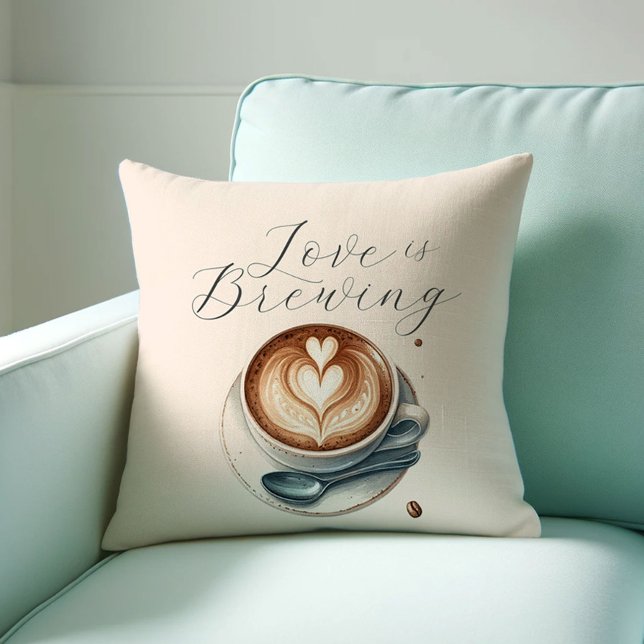 Almofadas Decorativas Tema Amante de Café: O Amor  (love is brewing throw pillow with a watercolor latte and heart shaped foam. )