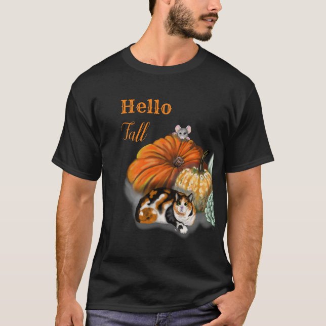 Alô, T-shirt de outono com gato e rato Whimsical (Frente)
