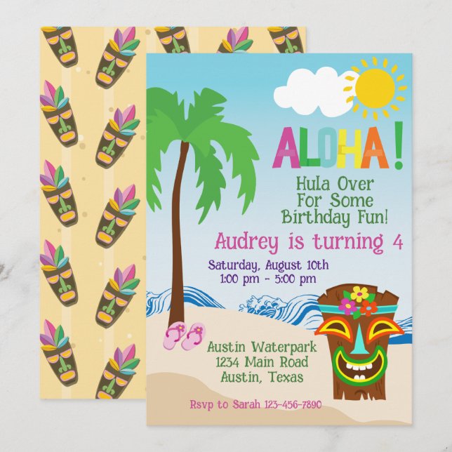 Aloha Luau Aloha Convite de Aniversário da Praia T (Frente/Verso)