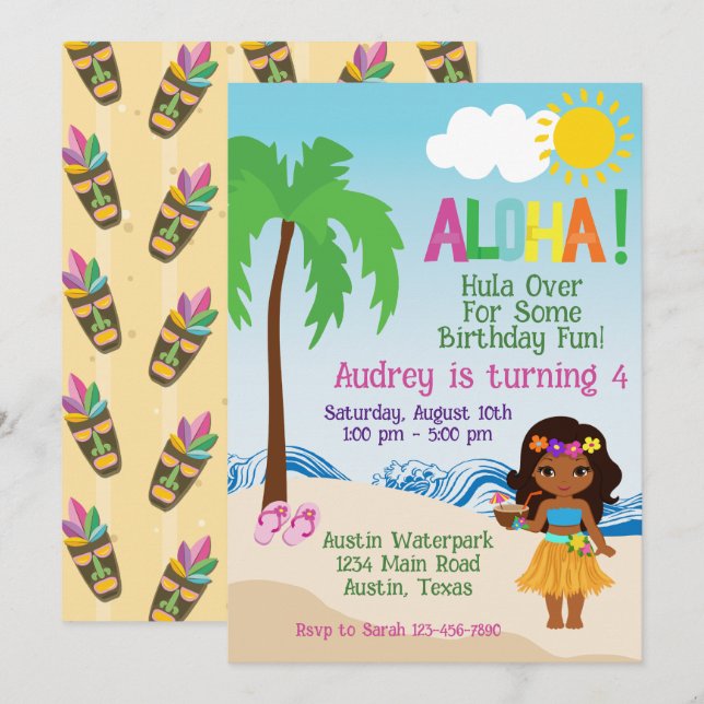 Aloha Luau Aloha Convite de Aniversário da Praia T (Frente/Verso)