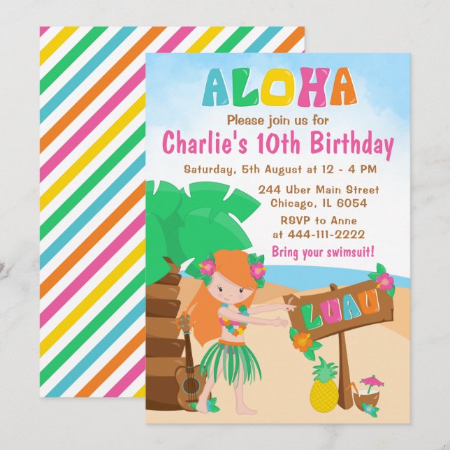Aloha Luau Beach Birthday Red Hair Girl Convite (Frente/Verso)