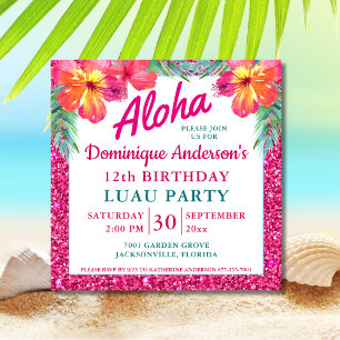 Aloha Luau Pink Glitter Tropical Square Versão 2
