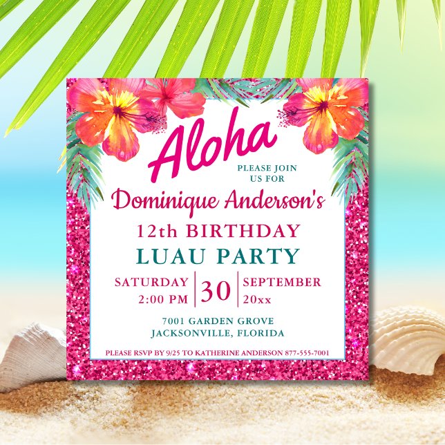 Aloha Luau Pink Glitter Tropical Square Versão 2 (Criador carregado)