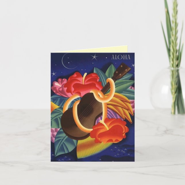 Aloha noite do hibiscus & do Ukulele dos cartões (Frente)