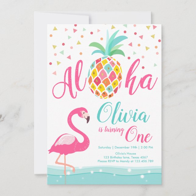 Aloha Pineapple Flamingo Birthday Convite Rosa (Frente)