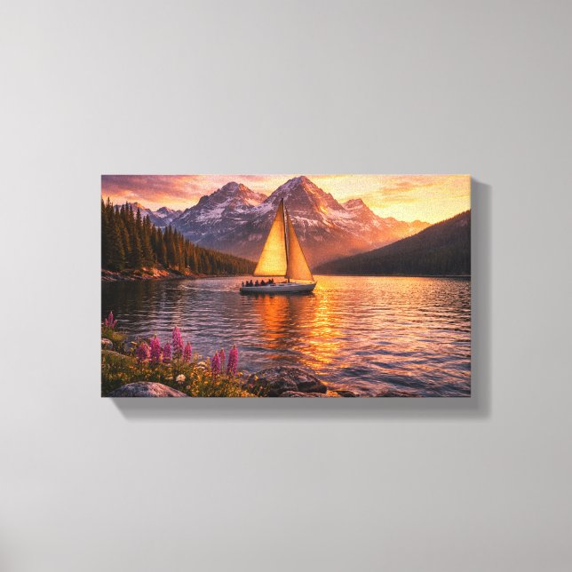 Alpine Lake Sunset Sailboat Canvas Wall Art Mounta (Frente)