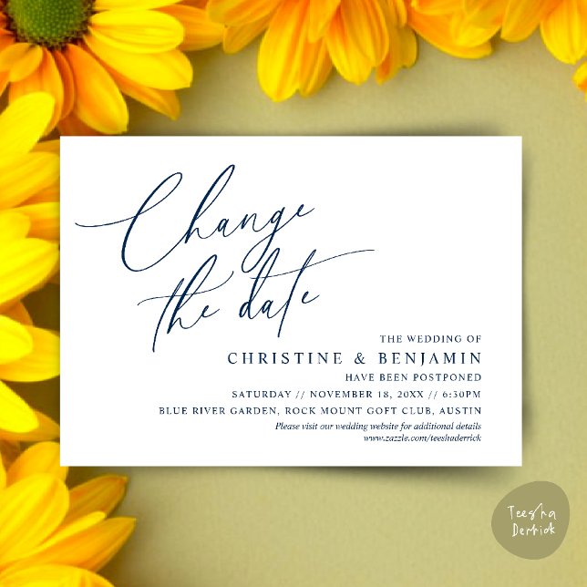 Alterar a data, Guardar o novo cartão de data de c (Change the date, Save our new wedding date modern romantic card in Navy Blue)