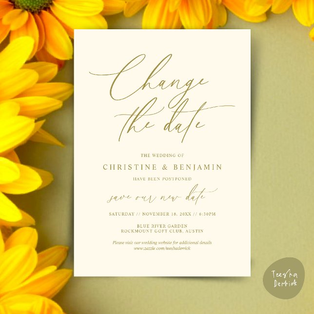 Alterar a data, Guardar o novo cartão de data de c (Change the date, Save our new wedding date modern romantic card in Yellow Gold)