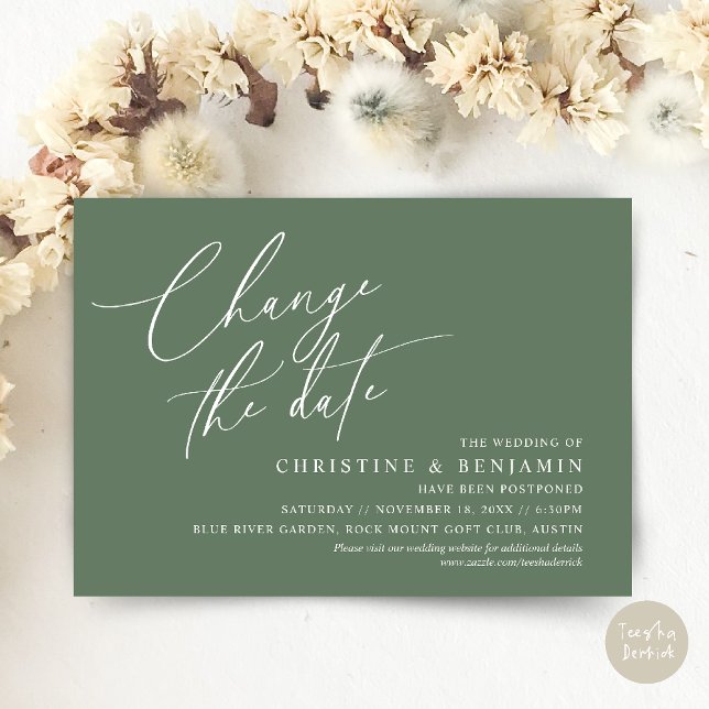 Alterar a data, Guardar o novo cartão de data de c (Change the date, Save our new wedding date modern romantic card in Sage Green)