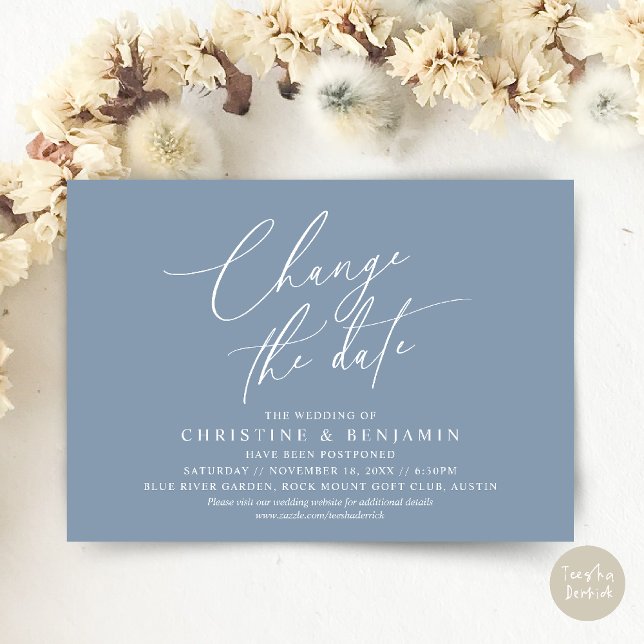 Alterar a data, Guardar o novo cartão de data de c (Change the date, Save our new wedding date modern romantic card in Dusty Blue)