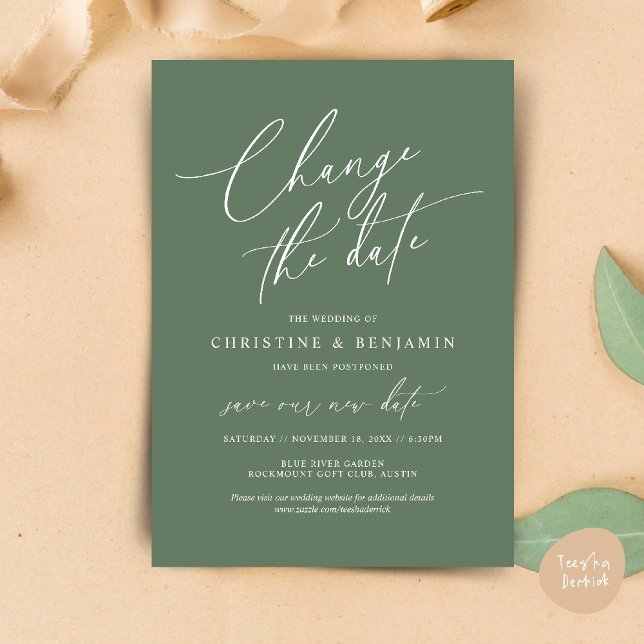 Alterar a data, Guardar o novo cartão de data de c (Change the date, Save our new wedding date modern romantic card in Sage Green)