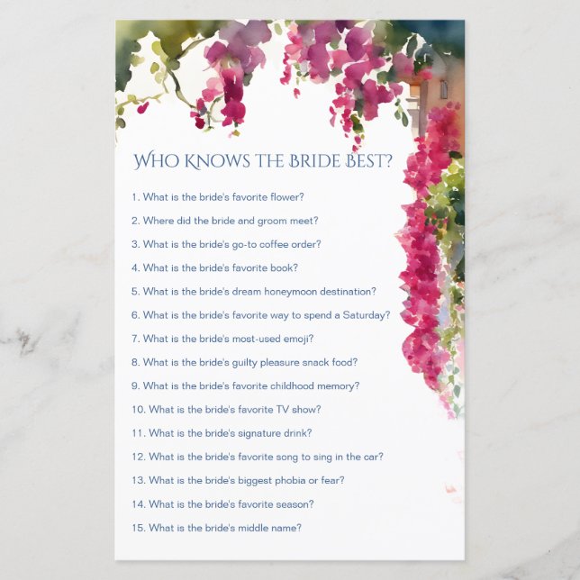 Amalfi bridal shower games who knows bride best (Frente)
