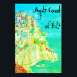 Amalfi Coast of Italy Art 11" X 14" poster<br><div class="desc">Poster ready for framing. Colorful artwork in mixed media of spectacular "Amalfi Coast of Italy". Shows quaint colorful Italian houses stacked on cliffside by Mediterranean Sea.  Aqua and other splashes of color predominate.  Adds color,  art and travel interest to any room.</div>
