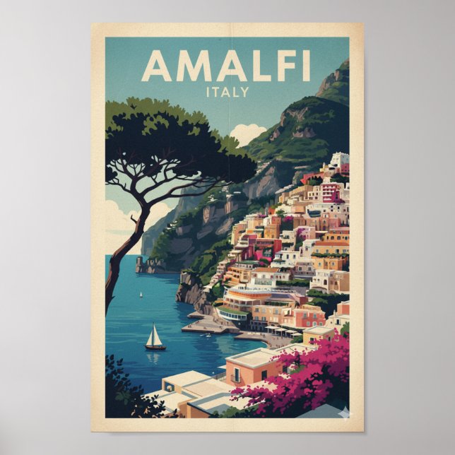 Amalfi Coast Vintage Poster – Positano Retro Print (Frente)