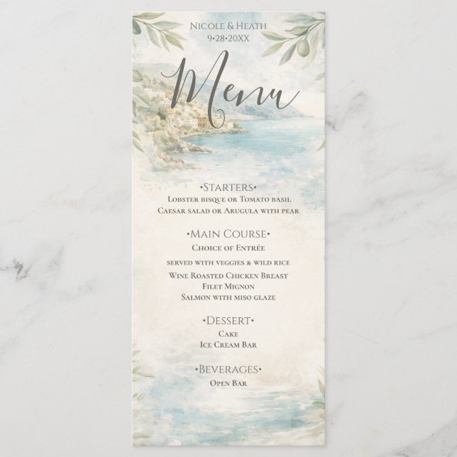 Amalfi Reverie — Mediterranean Coast Wedding Menu (Frente)