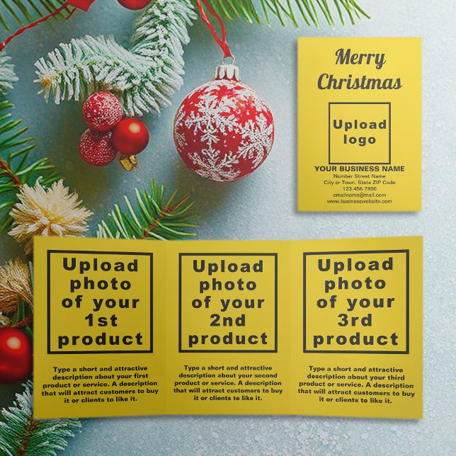 Amarela | Natal | Cartão triplo comercial (Yellow trifold card for Christmas with your business brand and products or services)