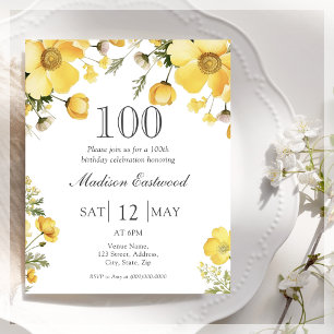 Amarelo Floral 100º Convite Orçamental de Aniversá