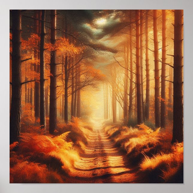 Amber Forest Path with Sunbeams – Autumn Poster  (Frente)