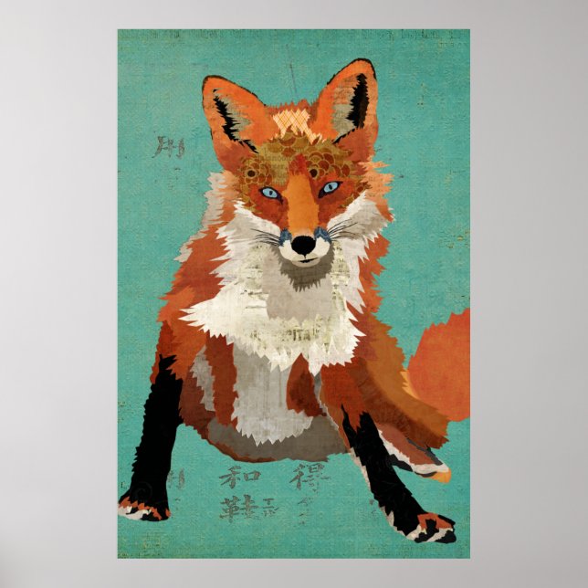 Amber Fox Retro Blue Art Poster (Frente)