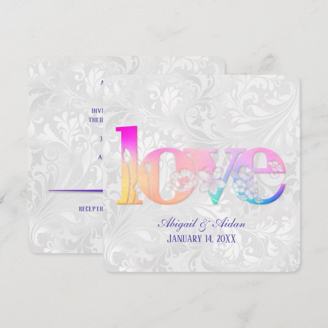 Amor Arco-íris no Convite de Cetim de Casamento (Frente/Verso)