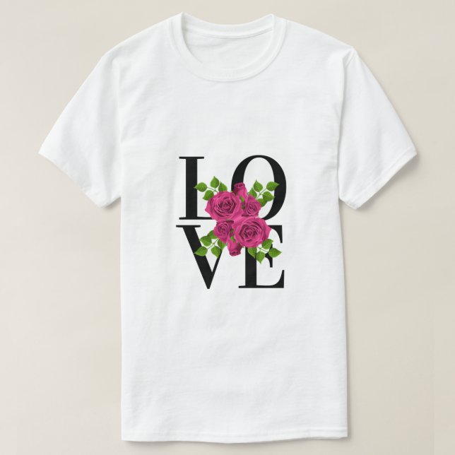 AMOR com T-Shirt de Rosas Rosa Escuras (Frente do Design)