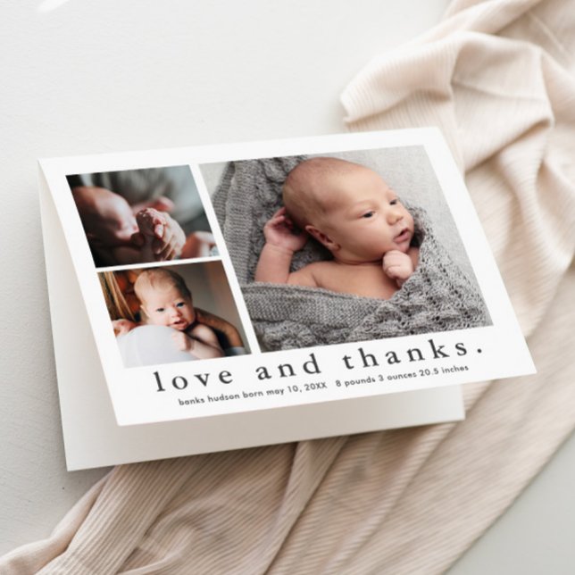 Amor e Agradecimento 3 Colagem de Fotos Bebê (Simple black and white love and thanks 3 photo collage baby thank you card birth announcement.)