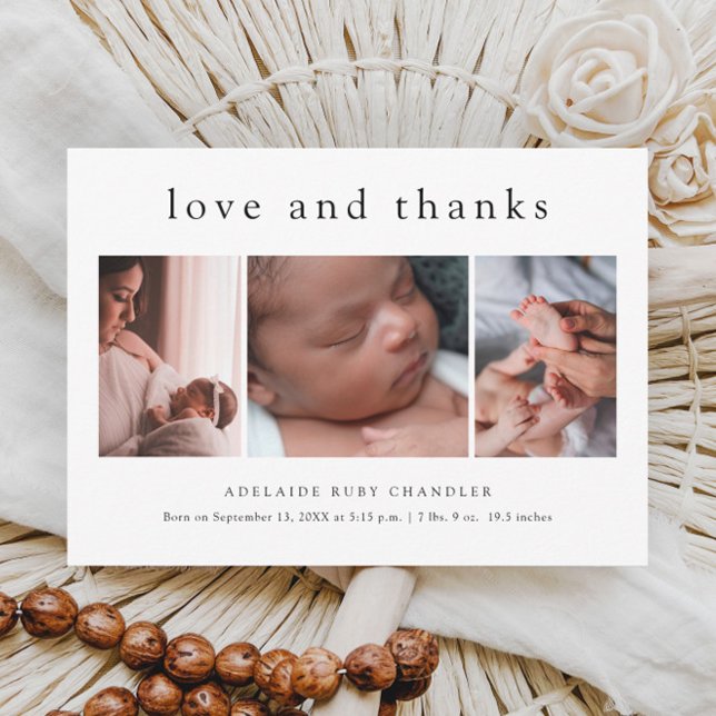 Amor e Agradecimento 3 Foto Cartão de Agradeciment (Simple love and thanks 3 photo budget baby thank you card birth announcement.)