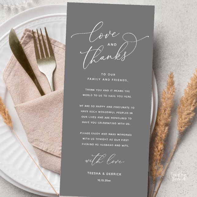 Amor e Agradecimento, Cartão de Agradecimento para (Love and Thanks, Wedding Romantic Reception Thank You Card in Dark Grey)