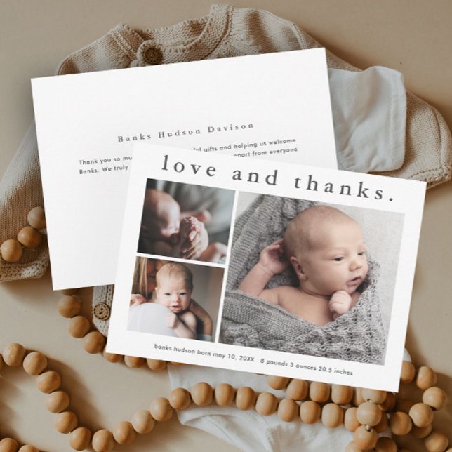 Amor e Obrigados 3 Photo Baby Cartões de agradecim (Simple Typography Love and Thanks 3 Photo Collage Baby Announcement Thank You Card.)