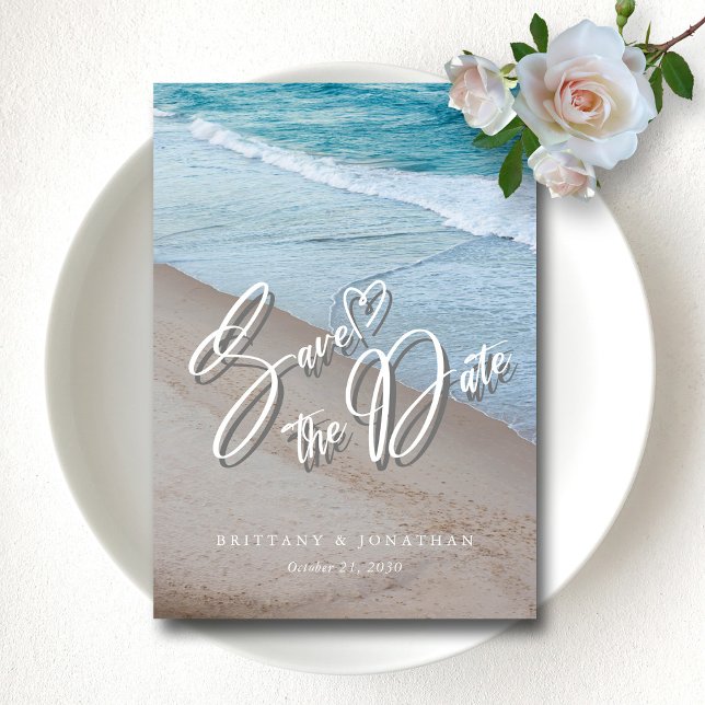 Amor no Oceano: Elegante Convite de Noivado de Cas (Ocean Love Elegant Beach Wedding Save The Date)