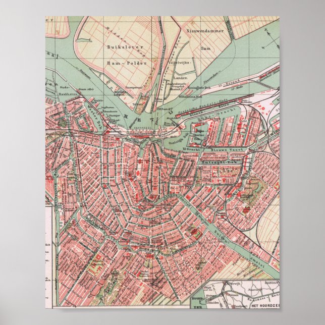 Amsterdã, mapa da cidade, poster vintage (Frente)