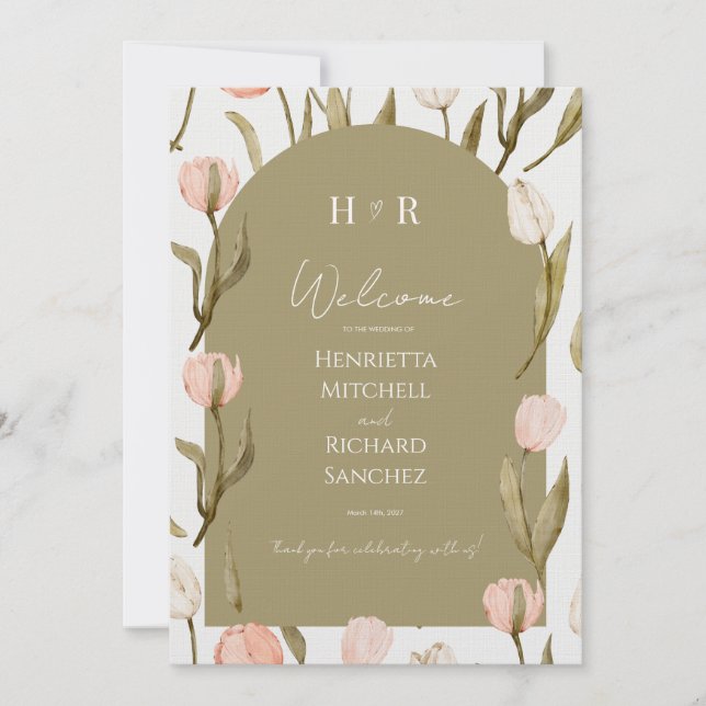 An elegant wedding invitation in olive green (Frente)