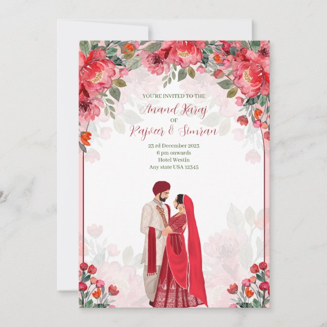 Anand Karaj Convida, convite de casamento Sikh (Frente)