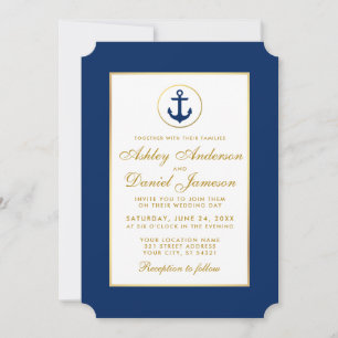 Âncora Azul de Casamento Náutico e Convite Dourado