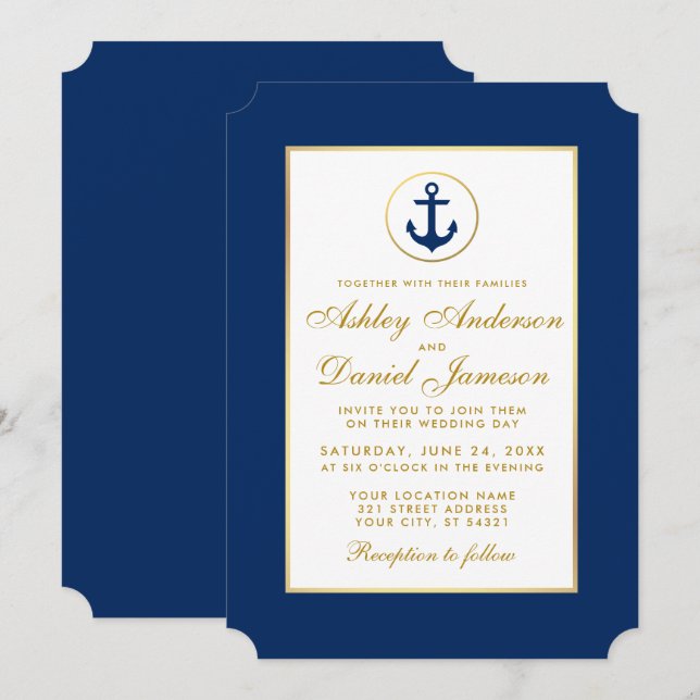 Âncora Azul de Casamento Náutico e Convite Dourado (Frente/Verso)