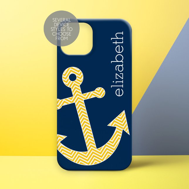 Âncora Náutica com Padrão de Cevão Amarelo Marinho (Personalized Phone Case - Nautical Anchor)