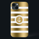 Âncora Náutica das faixas Douradas e brancas monog<br><div class="desc">Os tons de ouro design modernos e elegantes listram-se sobre fundo branco. Âncora náutica branca. Monograma personalizável e opcional.</div>