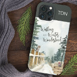 Andando em um Monograma da Paisagem de Inverno<br><div class="desc">Capa de telefone da Paisagem de inverno, escrita com a letra "Caminhando em uma Terra Maravilha de inverno" na tipografia da moda. Esta design rústica tem uma cena aquática de uma floresta nevada, pinheiros, um pínus e uma coruja na cerca postam. Projetado para o iPhone 13 Pro Max, mas ajustado...</div>