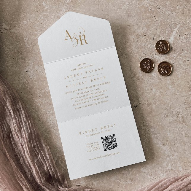 ANDREA QR Code Elegant Formal Dourado Casamento Cl (ANDREA QR Code Elegant Formal Gold Classic Wedding All In One Invitation)