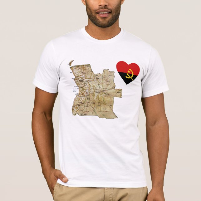 Angola Flag Heart and Map T-Shirt (Frente)
