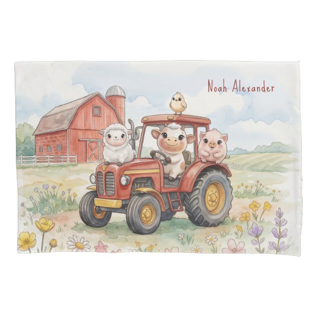 Animais Bebês Aquarela Dirigindo Trator Vermelho F (Frente)