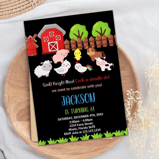 Animais da Fazenda Vermelha Negra Azul Convites de (Blue Black Red Farm Animals Birthday Invitations)