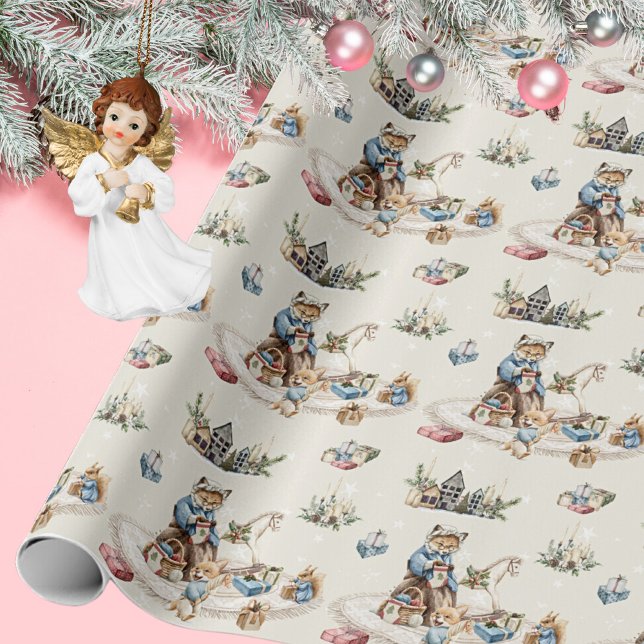 Animais da Floresta no Papel de Presente Natalino  (Nostalgic Rustic Vintage Christmas Cute Animals Wrapping Paper ©Susanne Sachers - Sunny Mind 🌞)