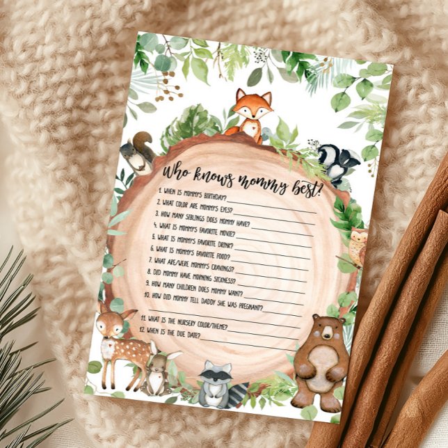 Animais da Floresta Quem Conhece Melhor a Mamãe Jo (Wood Slice Woodland Baby Shower Who Knows Mommy Best Game)