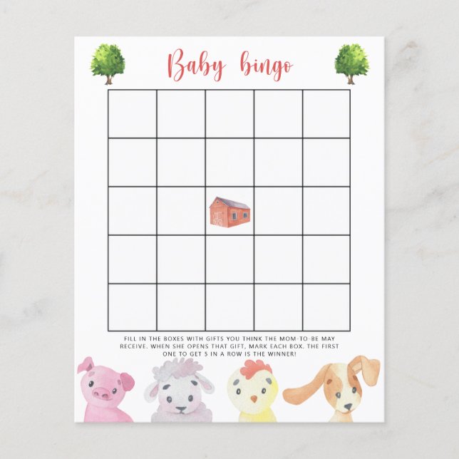 Animais de fazenda - Jogo de bingo para chá de beb (Frente)